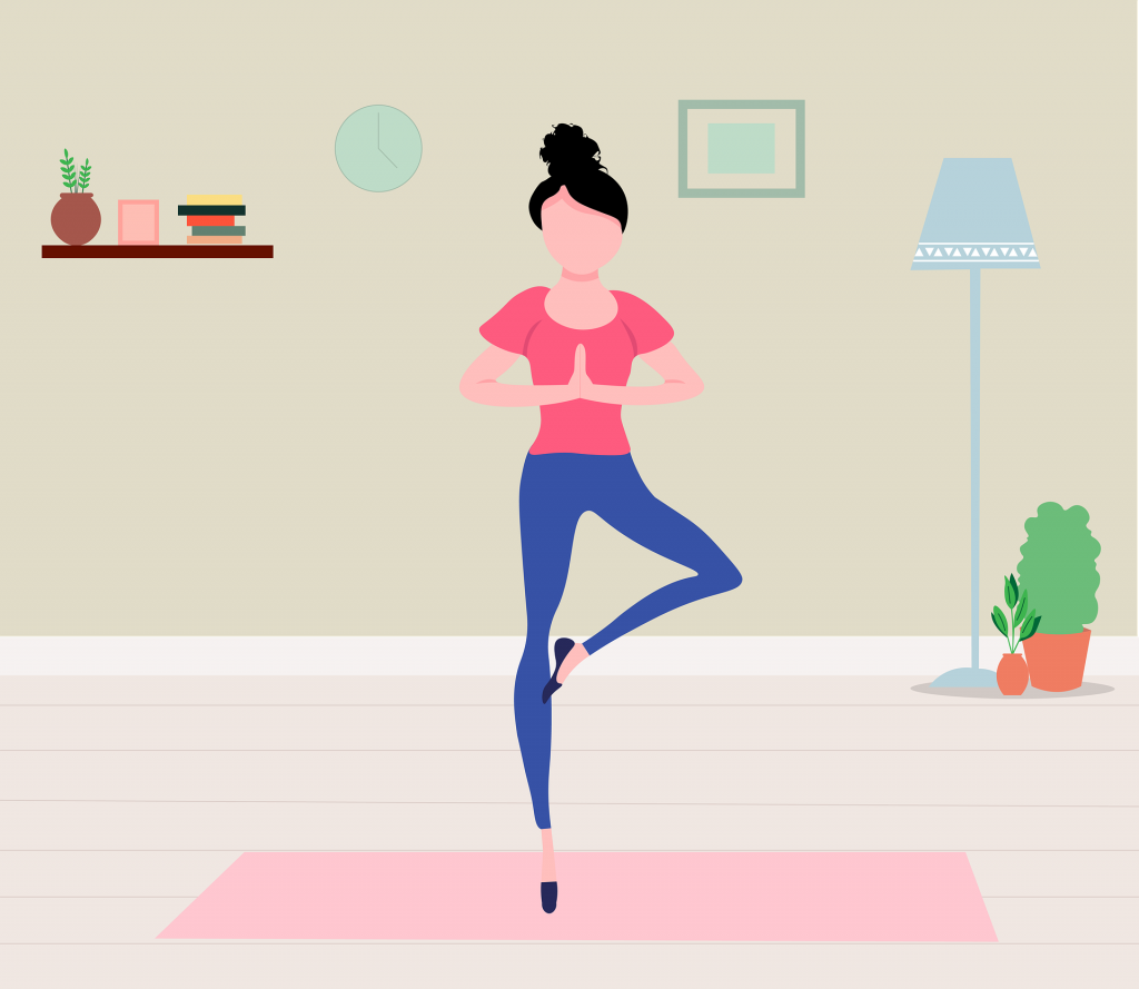 Illustration of a female doing a yoga pose in living room